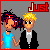 Pixel art of two figures holding hands, one in blue shirt and black jacket, the other in black jacket and white bow tie, with changing text above them.