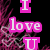 Pixelated pink text "I love U" on black background with magenta floral patterns and white outlined hearts.