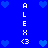 Blue background with pixelated hearts and vertical text reading ALEX <3 repeated on both sides.