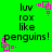 Green background with black text reading 'luv rox like penguins!' and pink pixelated square animations in four corners.