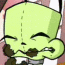 Green cartoon head with closed eyes and mustache, showing mouth movement across frames against striped background.
