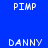 Pixelated text 'PIMP' and 'DANNY' displayed on blue and orange backgrounds with purple background in a