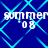 Blue background with cyan diamond lattice pattern and repeated 'summer 08' text in white pixelated font.