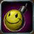 Pixelated yellow smiley face with black eyes and mouth, attached to a gray bomb with a lit fuse on a dark purple background.