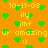 Pixelated orange background with green heart shapes and yellow text phrases repeating across the image.