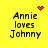 Yellow background with black text 'Annie loves Johnny' and four distinct red pixel symbols: a heart, starburst, dots, and another starburst.