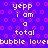 Pixelated text and shapes on a purple background with pink circular patterns, repeating phrases and wave lines.