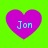 Four identical purple heart shapes on a bright green background, each containing the text 'Jon' in light blue pixelated font.
