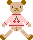Pixelated bear character in pink sweater with red cherry design, brown ears and shoes, beige body, walking pose on gray background.