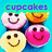 four smiley face icons on a blue background with text overlays reading 'cupcakes', 'make me', and 'happy' in purple letters