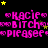 Pixelated text repeats across a black background with yellow stars, showing 'KACIE', 'BITCH', and 'PLEASE' in pink letters.