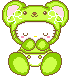 Pixelated green koala-hat character with closed eyes, pink cheeks, and white diaper, transitioning to open eyes with brown pupils.
