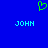 Blue background with green pixelated heart symbol above two light blue 'JOHN' text blocks.