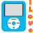 Four blue MP3 player icons arranged in a with a vertical text strip between them, showing pixelated text in orange, pink, green, and yellow