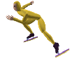 Animated sequence of a figure skater in yellow full-body suit performing various poses on ice against gray background.