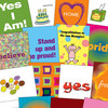 A collage of colorful digital icons featuring text phrases, symbols, and simple illustrations on varied backgrounds.