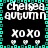 Pixelated text and symbols arranged in a with cyan border on black background, showing repeated patterns of 'chelsea autumn' and 'xoxo' with small white hearts