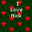 Pixelated green background with red heart symbols and white text reading "I Love Nick" in multiple positions.