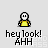 Pixel art animation of a yellow-shirted figure with white head performing gestures above text reading 'hey look! AHH' on light gray background.