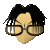 Pixelated character with black hair and glasses, showing animation frames where a small green-and-red icon appears near the lower-left side.