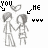 Pixelated black-and-white animation of two stick figures holding hands, with 'YOU' and 'ME' text labels above each figure and four dots below them.