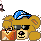 Pixelated cartoon bear with blue cap and sunglasses holding brown box, surrounded by animated train elements and 'BYE' text bubbles.