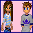 Pixel art of two characters on pink background; girl with long brown hair and blue crop top, boy in gray shirt with purple symbol.