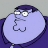 Pixelated character with purple hair and glasses, wearing a dark purple shirt, against a light gray background.