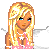 Pixel art of a blonde female character with blue eyes, pink star-patterned top, white skirt, and white wings, shown in multiple poses with text elements.