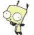 Animated sequence of a green cartoon character with large white eyes and black limbs performing various poses against a gray background.