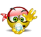 Animated yellow cartoon character with red bandana, green eyes, and blue pacifier in mouth; hand moves from side to center position across frames.