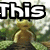 Animated pixel art of a green-skinned character with large eyes and antennae standing on a grassy path, text "This is" appears above the character.