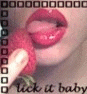 Animated sequence showing a person with red lips holding a strawberry, alternating between close-up and full-face views with pink star overlays.