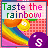 Pixelated rainbow graphic with orange and yellow circular shapes, purple 'S' emblem, pink background, and multicolored text reading "Taste the rainbow"