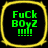 Four identical square icons with rounded corners, each displaying green text on a black background within a yellow border.