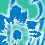 A static digital image with repeating blue and green patterns featuring white stars, circular shapes, and abstract line art on a pixelated background.
