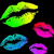 Four pixelated lips icons in green-yellow, pink-red, cyan-blue, and purple hues against a black background.