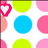 Pixelated icon with repeating colorful circles and two pink outlined heart symbols on a white background.