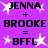 Purple background with black text and white starbursts; two identical equations showing 'JENNA + BROOKE = BFFL' in pixelated font.