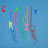 Pixelated blue background with scattered red, green, yellow, pink, and purple shapes forming abstract letter-like forms.