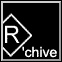 Black background with white 'R' in diamond and 'rchive' text; pink background with two character images and cursor.