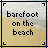 Pixelated beach scene with text 'barefoot on the beach' in black block letters on a beige background, framed by corner brackets.