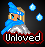 Pixel art icon of a blonde character with blue wizard hat and scarf, wearing silver armor, floating above red-and-black text reading 'Unloved' against dark background with two light-blue water droplets.