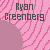 Pixelated text 'Ryan Greenberg' on pink background with diagonal stripes and a solid gray section.