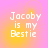 Pixelated text 'Jacoby is my Bestie' on a pink-to-yellow gradient background with faint circular patterns.