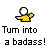 pixelated icons shows a character with a white head turning into a badass, with clothing changing from yellow to black and yellow accents appearing on the head