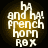 Four circular icons with yellow gradient backgrounds display white text reading 'ha and ha! french horn ROX' in a pixelated font, arranged in a