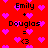 Red background with pink hearts and repeated text "Emily + Douglas = <3" in black pixelated font, arranged in a pattern