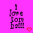 Pixelated text 'I love tom ball' on bright pink background with red heart symbol, two identical frames showing static text and heart.