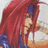 Pixelated anime-style character with long red hair and blue headband, side profile against light background, next to black with white text